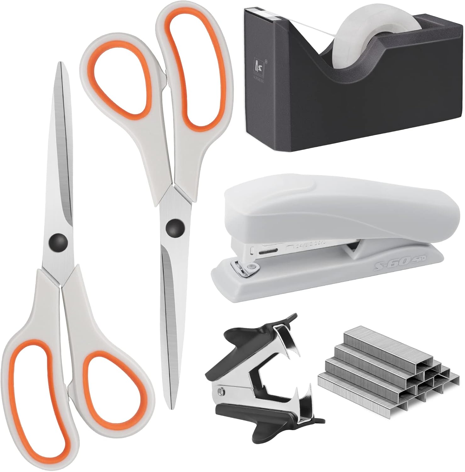 Asdirne Office Supplies Kit, Basic Style, Including Scissors, Stapler, Staples, Remover, Tape Dispenser & Tape, White and Orange