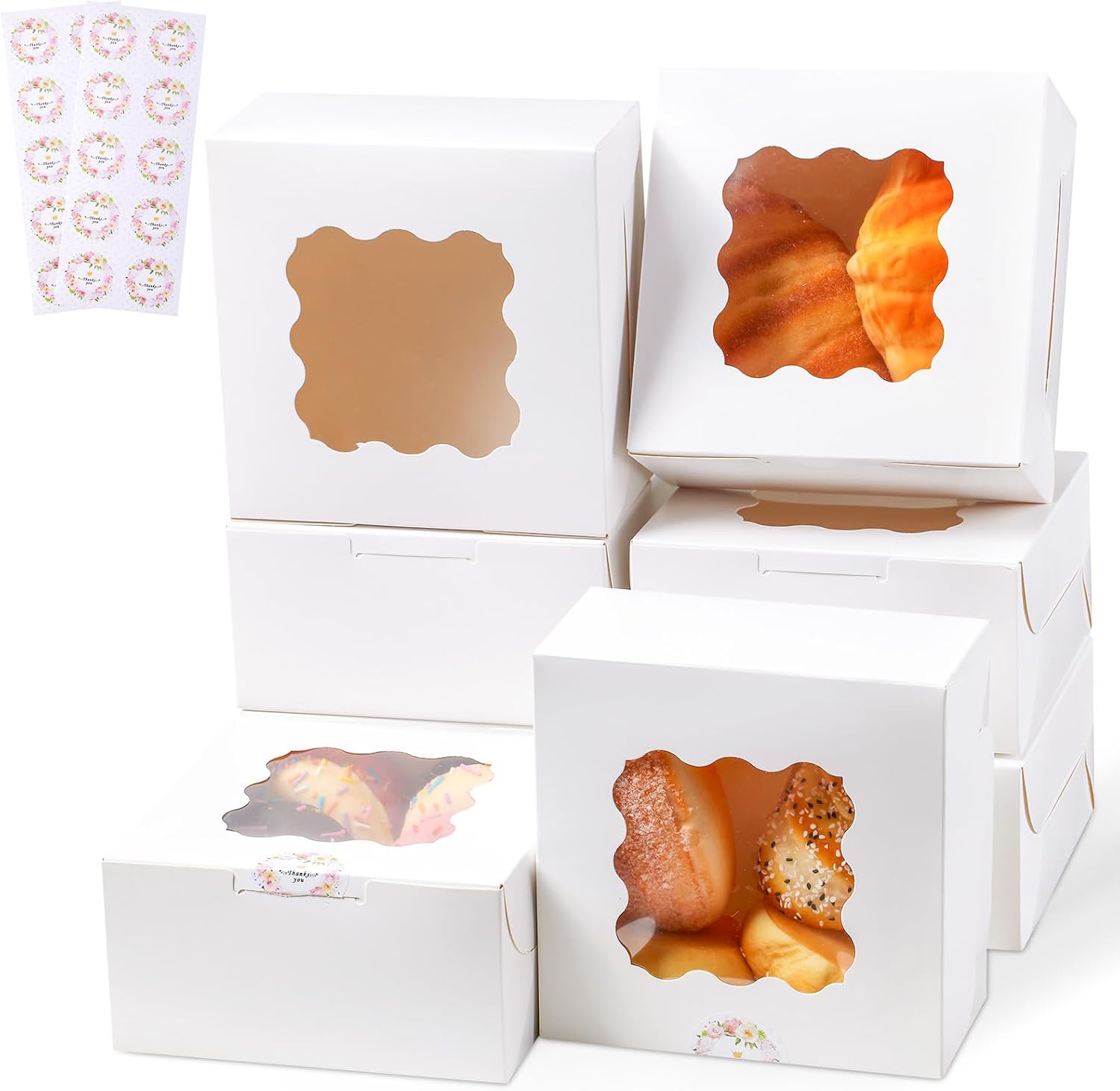 20pcs White Cookie Boxes with Window, 6x6x3 inches Bakery Boxes for Pastry, Treat, Desserts, Chocolate Strawberries, Candy, Truffle