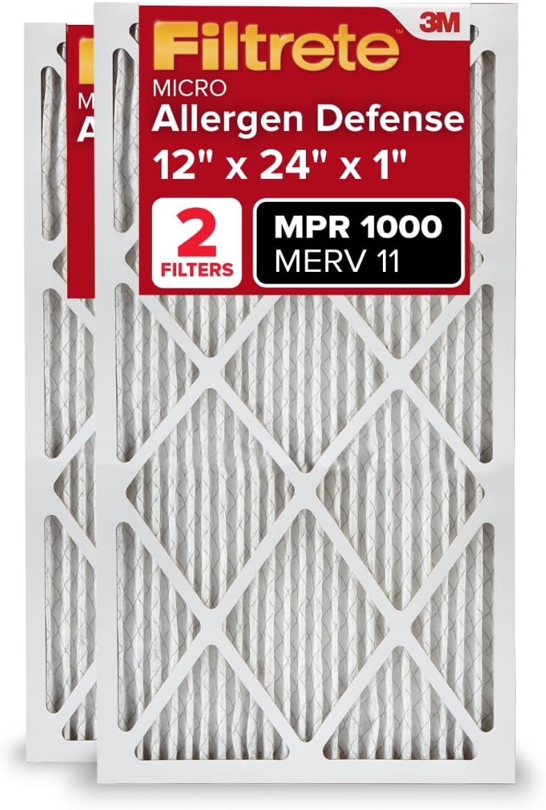 Filtrete 12x24x1 AC Furnace Air Filter, MERV 11, MPR 1000, Micro Allergen Defense, 3-Month Pleated 1-Inch Electrostatic Air Cleaning Filter, 2 Pack (Actual Size 11.719x23.72x0.85 in)