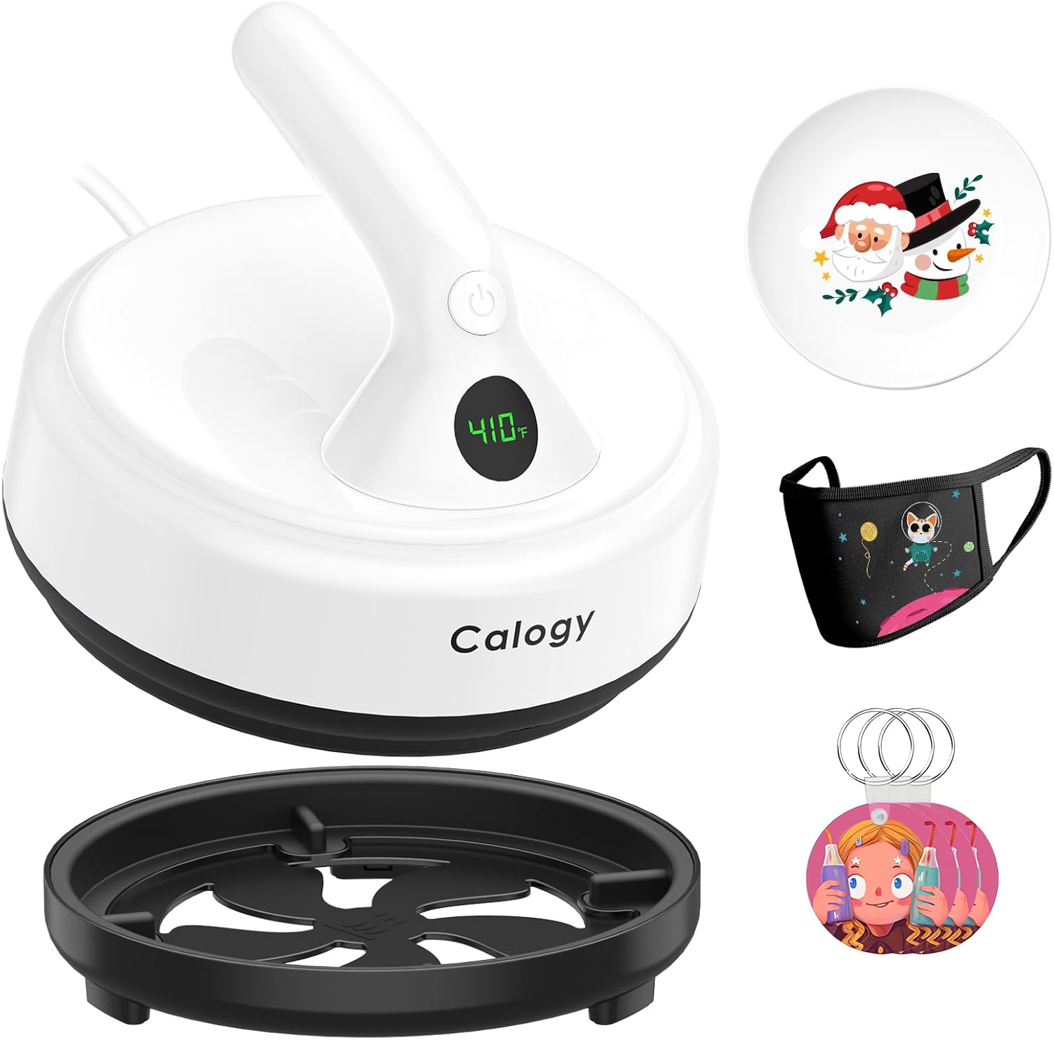 Calogy Mini Heat Press, 5" Diameter Round Heat Press Machine for T-Shirt Portable, 4 Levels Temp Max 410℉, Small Iron for Crafts, Coaster, Bag, Pillow, Ceramic (White)