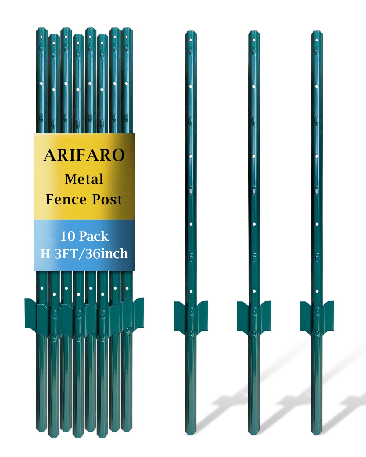 ARIFARO Fence Posts 3 Feet, 10-Pack, Heavy Duty U Post, Metal Fence Post