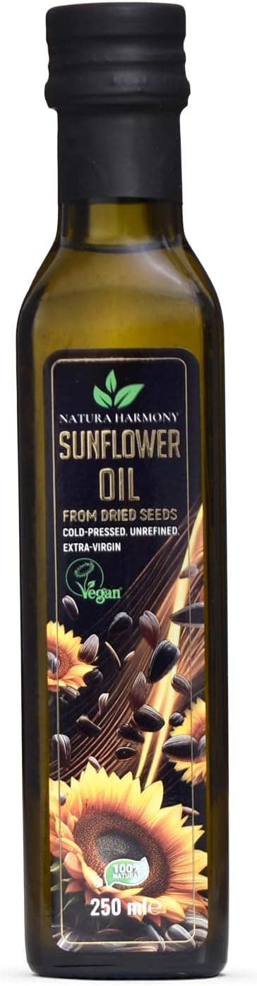 Natura Harmony Cold-Pressed Sunflower Oil from Dried Seeds – 250ml Glass Bottle – Unrefined & Fragrant – Rich in Omega-6 & Vitamin E – Ideal for Salads, Dressings & Cold Dishes – Vegan
