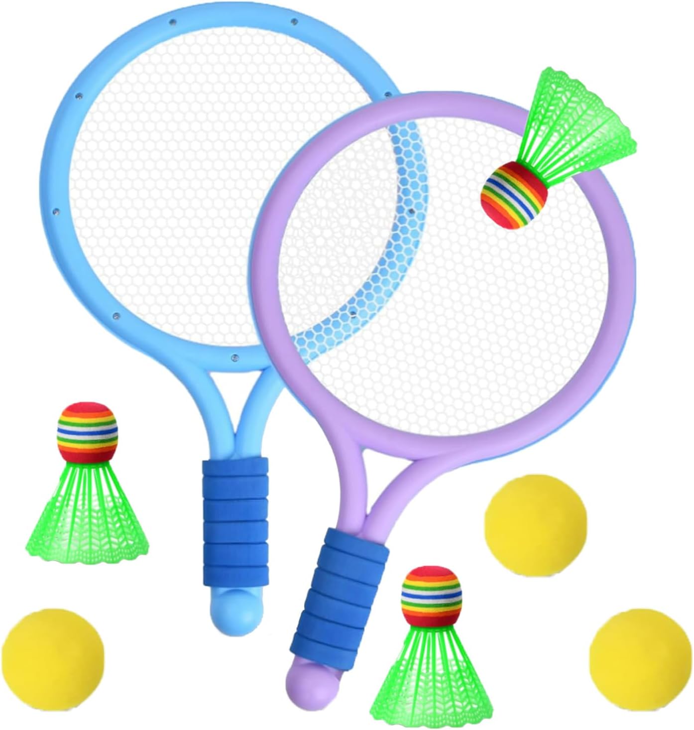 Kids Tennis Rackets Set, 2 Blue and Purple Plastic Tennis Rackets and 3 Shuttlecocks and 3 Tennis Balls, Kids Tennis Set for Children Indoor Outdoor Sports Games，Good Companion for Company