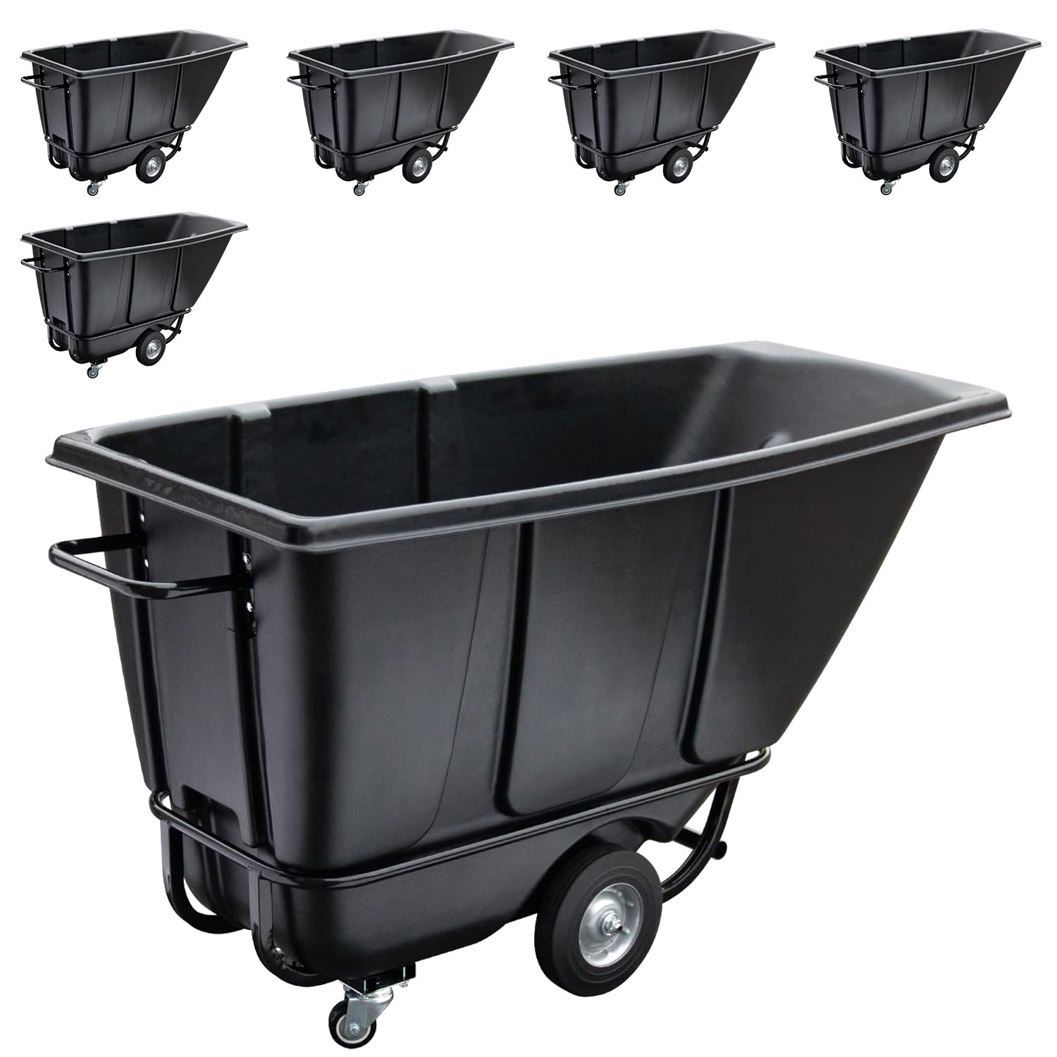 Tilt Dump Truck 850 lbs Capacity, 1/2 Cu.Yd Heavy Duty Trash Cart with Wheels, Forklift-Able Frame, Plastic Utility Dump Cart for Construction, Warehouse & Industrial Use (6-Pack)