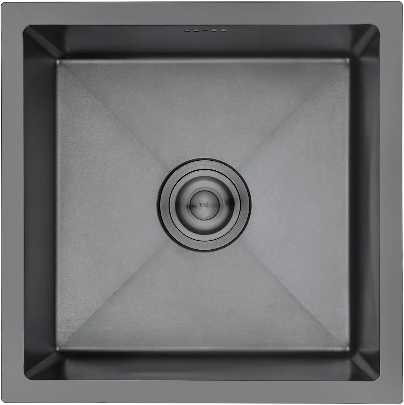 Ibergrif M84040B Stainless Steel Black Kitchen Sink, 40 x 40cm, Undermount Single Bowl Sink with Drainer Fittings