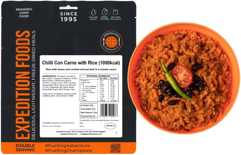 EXPEDITION FOODS Chilli Con Carne with Rice (Double Serving / 1000KCAL) | Freeze-Dried Camping & Hiking Food