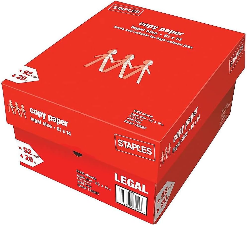 Staples Copy Paper, 8.5x14 Inch, 20 lb., 92 Brightness, 500/Ream, 10 Reams