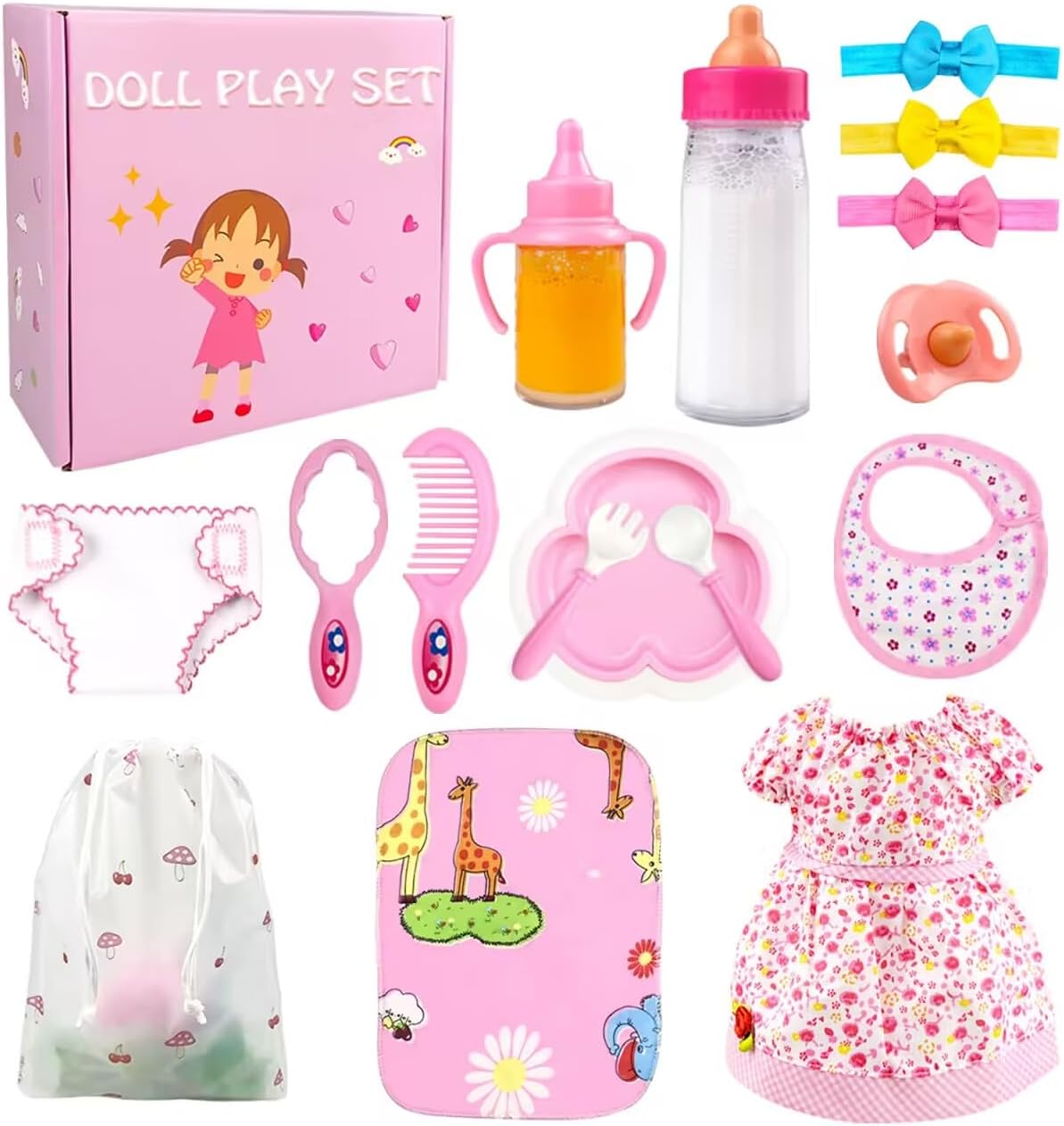 BNUZEIYI Baby Doll Accessories - Feeding and Caring Set with Bottles Doll Diaper and Changing Mat, Doll Stuff Clothes fit 14-16 Inch Doll, 18 Inch Doll Pretend Play Set for Girls Gift