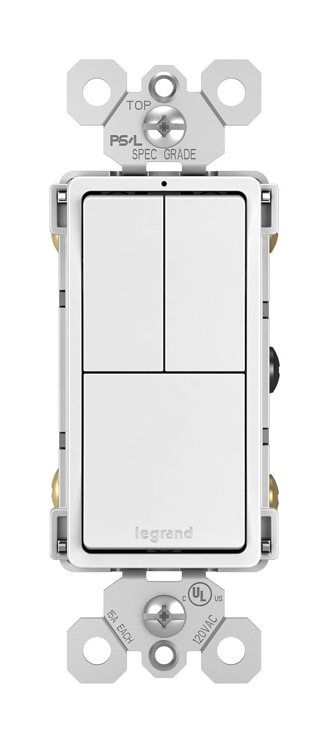 Legrand radiant RCD113WCC6 15 Amp Combination 3-in-1 Decorator Rocker Light Switch, Two Single Pole Switches and One 3-Way Switch, White (1 Count)