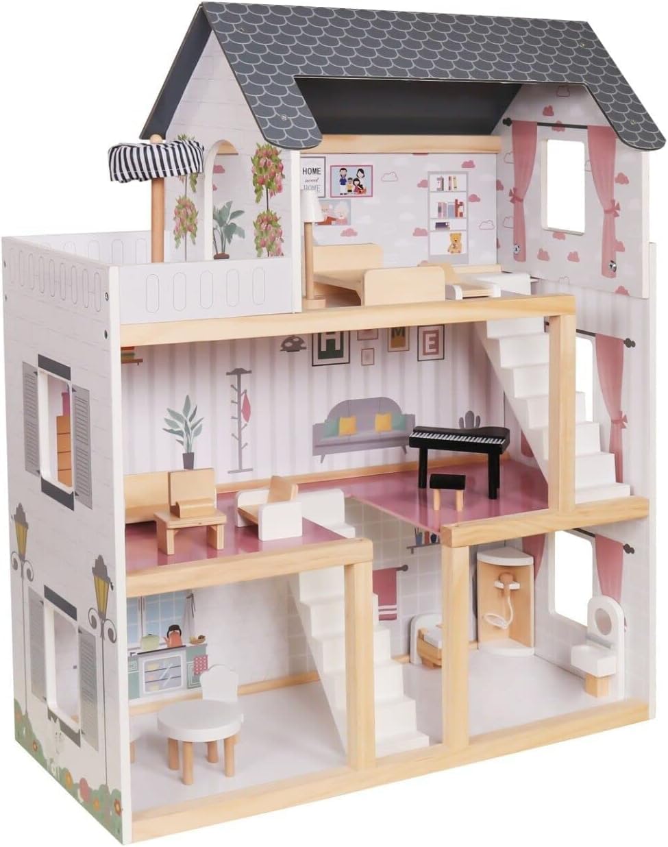 BLUEBRIT Large Wooden Play Doll House With Accessories & Furniture - Elevator, Design Your Own Home, Easy Assembly - Perfect Christmas or Birthday Gift for Girls (Design 4)