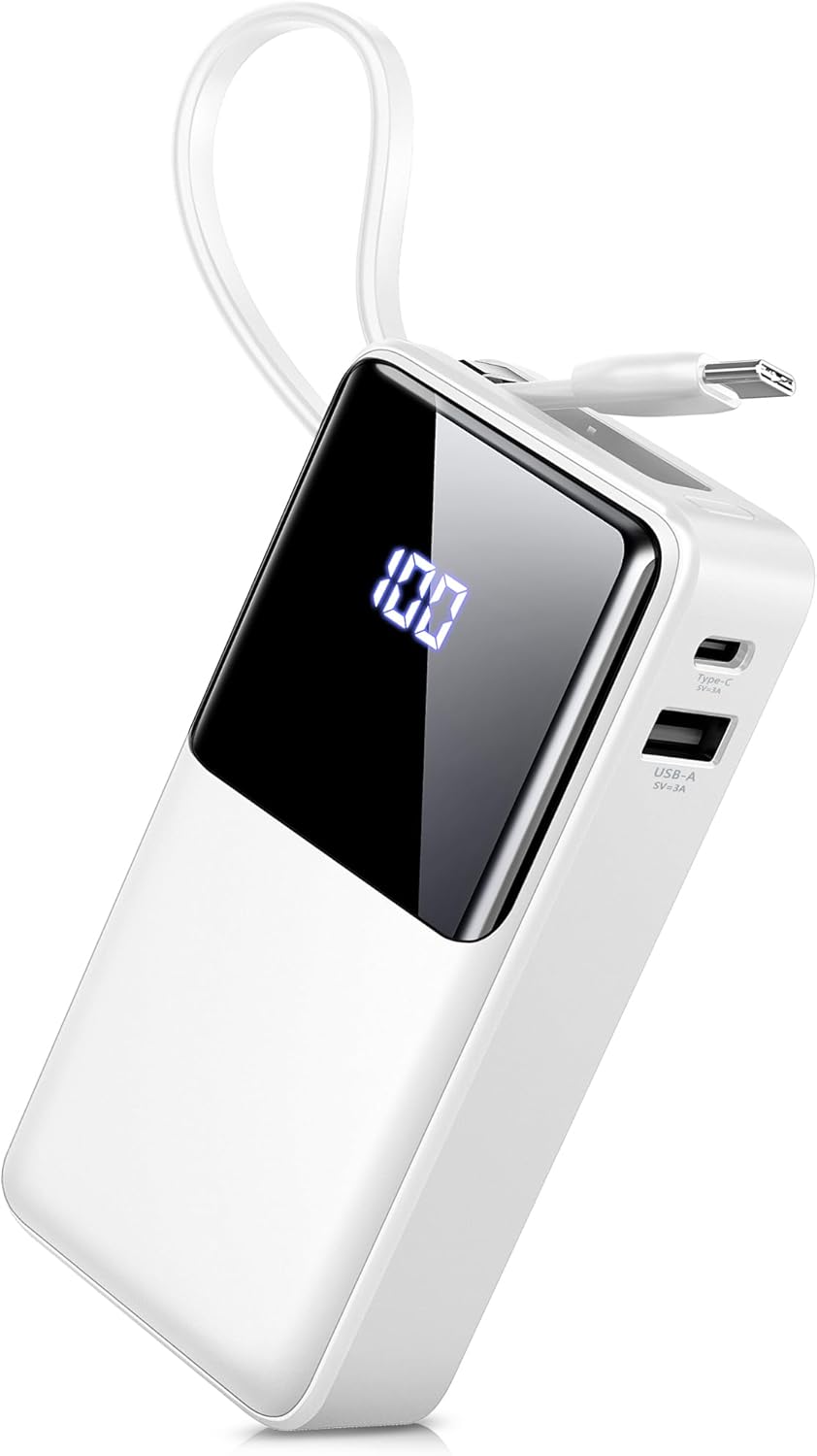 Power Bank 10000mAh, Portable Charger High-Speed Charging 3A USB-C in & out, Small Battery Pack with Built in Cable, Slim & Lightweight Powerbank for iPhone 16/15/14/13, Samsung, Android Phone/Tablet