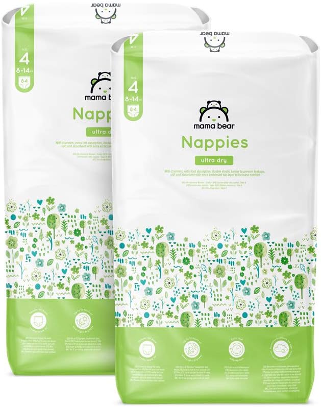 Amazon Brand - Mama Bear Ultra Dry Nappies, Size 4 (8-14 kg), 168 Count (2 Packs of 84), White, Monthly Pack
