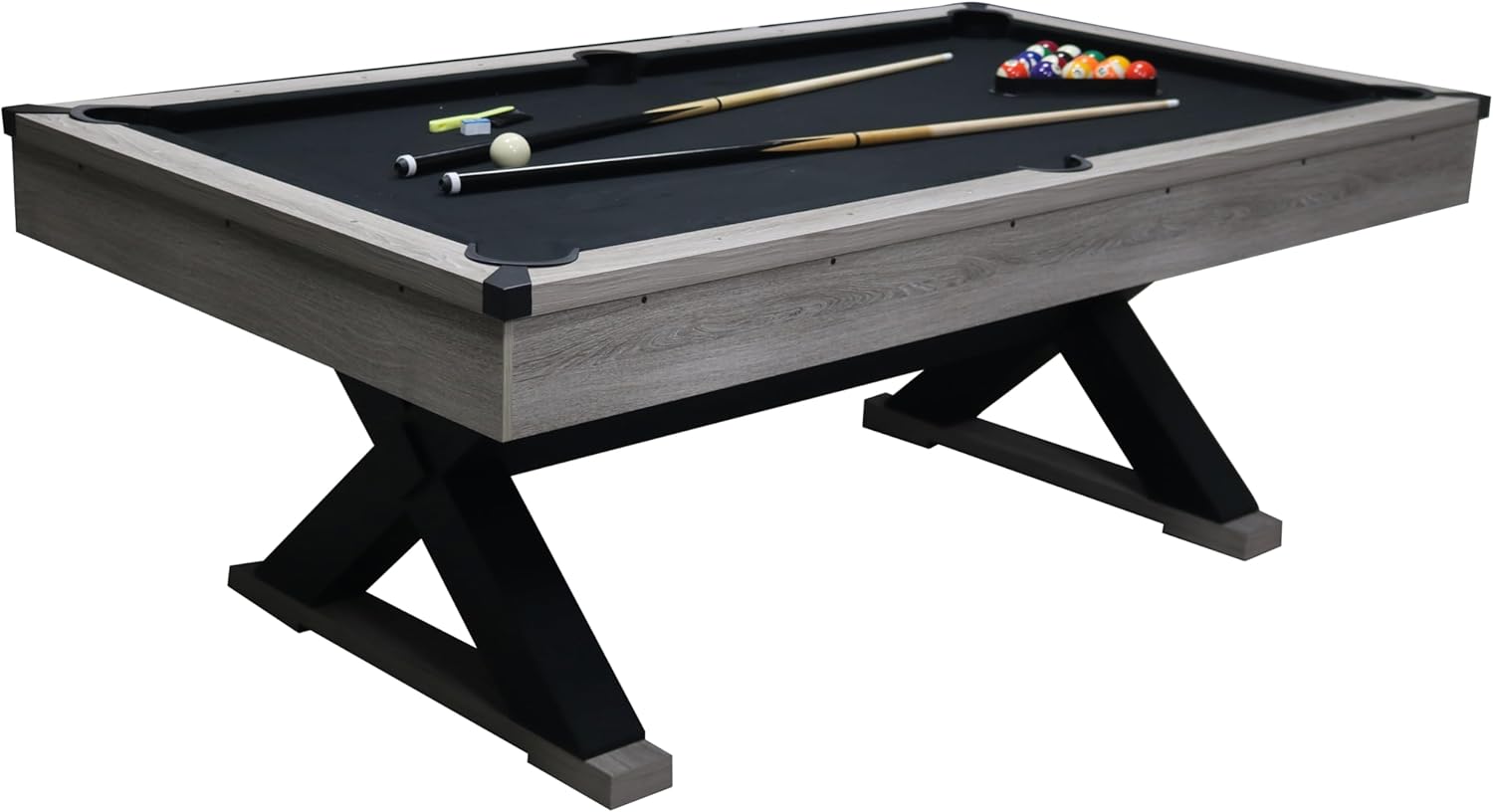 7 ft Pool Table, 84” Billiard Table with Billiard Balls, Cues, Cleaning Brush, X-Shaped Legs and Black Cloth, for Family Game Room, Adult Rrec Room, Basements or Garage