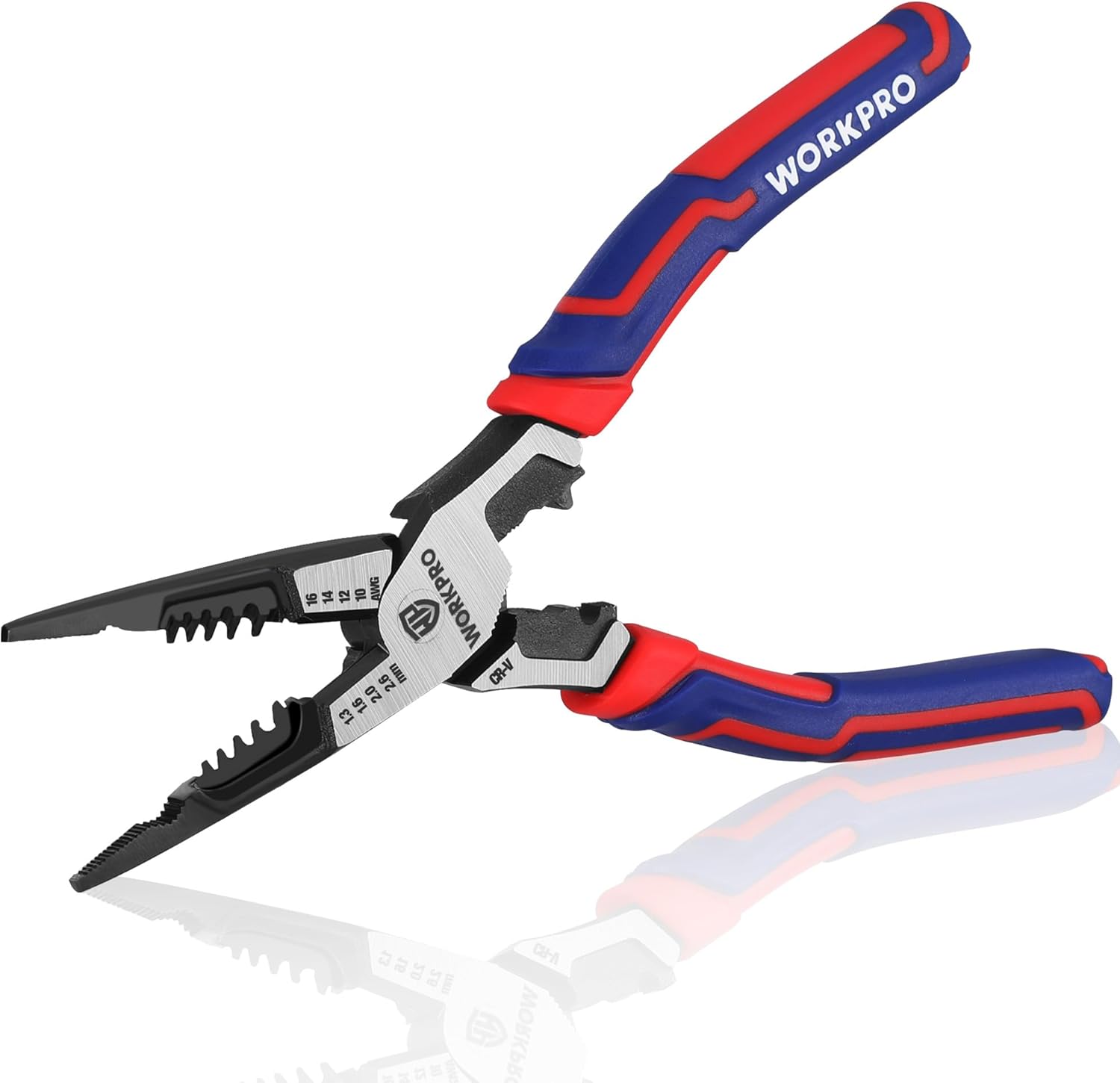 WORKPRO 7-in-1 Needle-Nose Pliers, Wire Stripper/Cutter/Crimper and Spanner, 200 mm Long Nose Pilers for 16-10 AWG (1.3-2.6 mm) Wire, Cr-V Multi Hand Tools for Electrician
