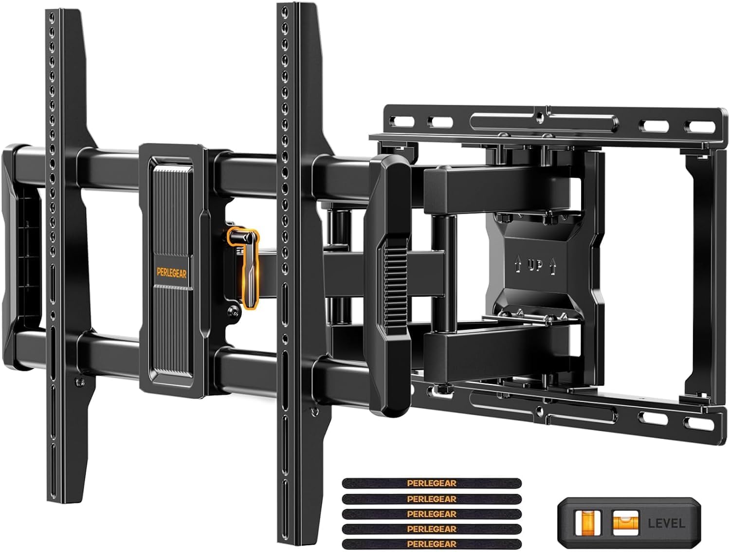 Perlegear UL-Listed Full Motion TV Wall Mount for 40–86 Inch Flat Curved TVs up to 132 lbs, 12″/16″ Wood Studs, TV Mount Bracket with Tool-Free Tilt, Swivel, Extension, Max VESA 600 x 400mm, PGLF15