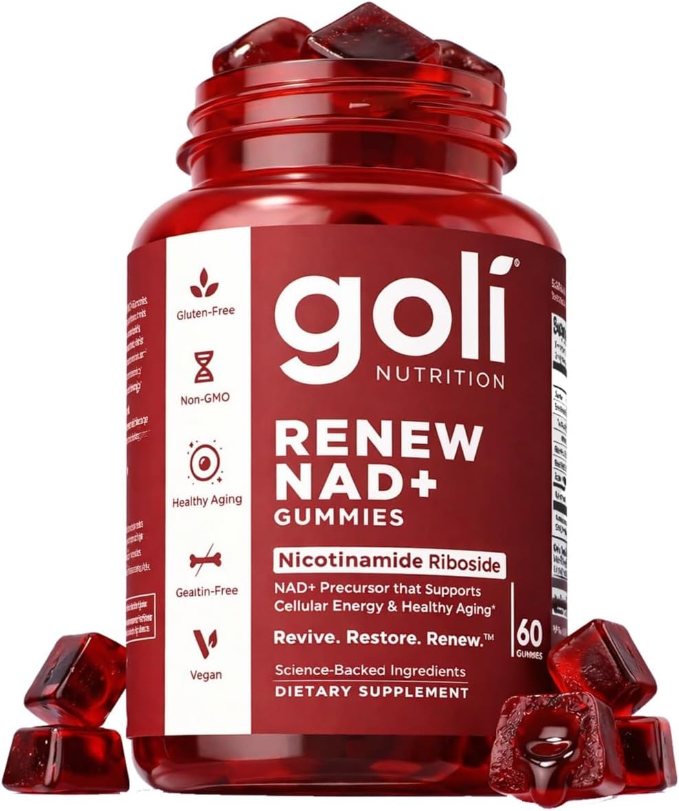 Goli World’s First Renew NAD+, 60 Count – Nicotinamide Riboside (NR) – Cellular Energy & Healthy Aging Support – Vegan, Non-GMO, Gelatin-Free Liquid-Center Gummies