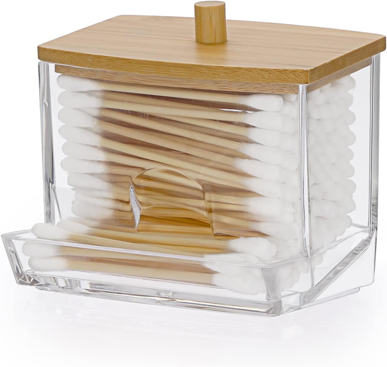 SUMTree L-shaped Qtip Cotton Ball Holder Acrylic Qtip Dispenser with Bamboo Lid, Floss Swab Dispenser, Bathroom Storage Jar Canister, Plastic Apothecary Jar for Kitchen Bathroom Dressing Table
