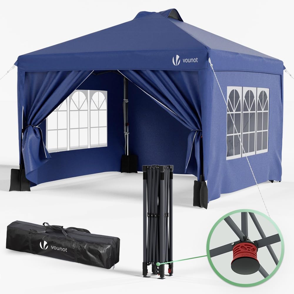 VOUNOT 3m x 3m Pop Up Heavy Duty Gazebo with Sides, Central Lock System & 4 Weight Bags & Carry Bag, Marquee Garden Party Tent Outdoor, Blue