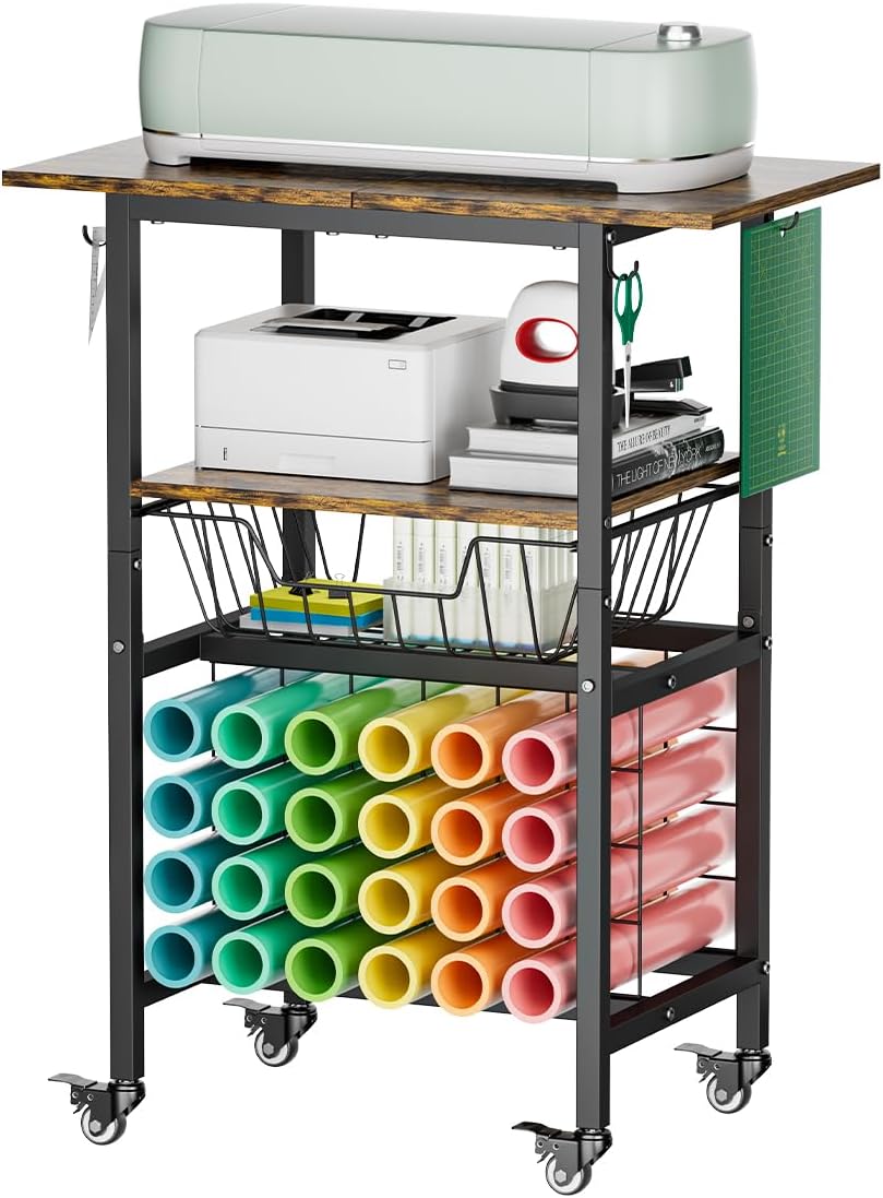 Queension Craft Cart with Wheels Compatible with Cricut Machines, Craft Organization and Storage Stand with Craft Table for Cricut Accessories, Rolling Storage Cart with 24 Vinyl Roll Hollers，Black