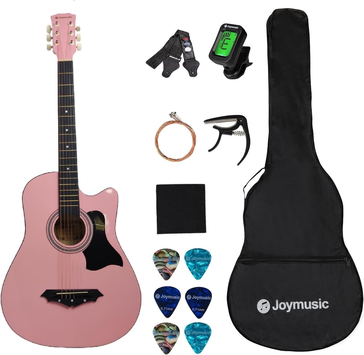 Joymusic 38 inch pink beginner acoustic guitar kit,bundle with a strap with picks holder,digital tuner, set strings, capo,cleaning cloth,6 picks,gig bag.(JG-38C,PK)