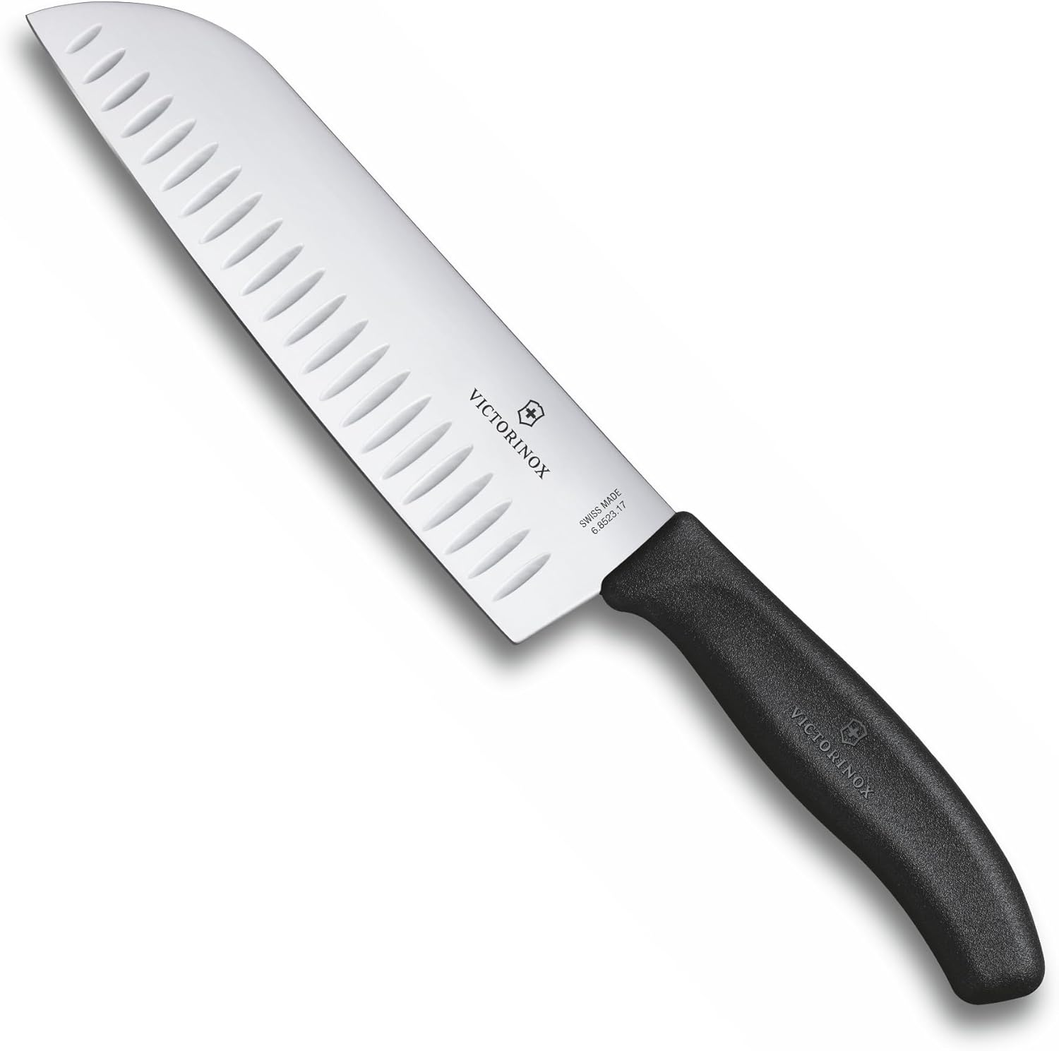 Victorinox Swiss Classic Santoku Knife, Extra Sharp Blade, Fluted Edge, 17 cm, Stainless Steel, Black, Blister