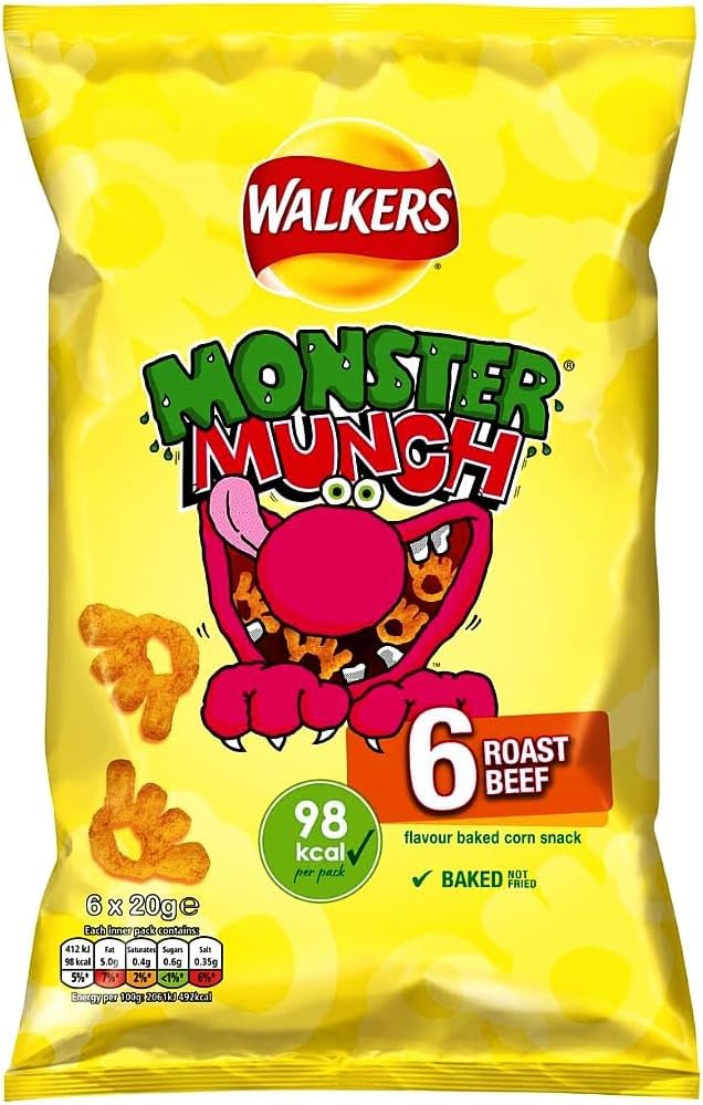 Walkers Monster Munch Crisps, Roast Beef Flavour Snacks, 6 x 20g Multipack, from UK, In Premier Life Store Box