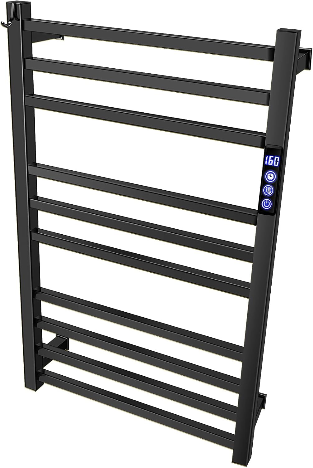 Black Towel Warmer Rack for Bathroom with Timer/Fahrenheit Display Electric Heated 10 Bars Drying Rail Plug-in or Hardwired Wall Mounted Heating Bath Towel Warming(Matte Black)