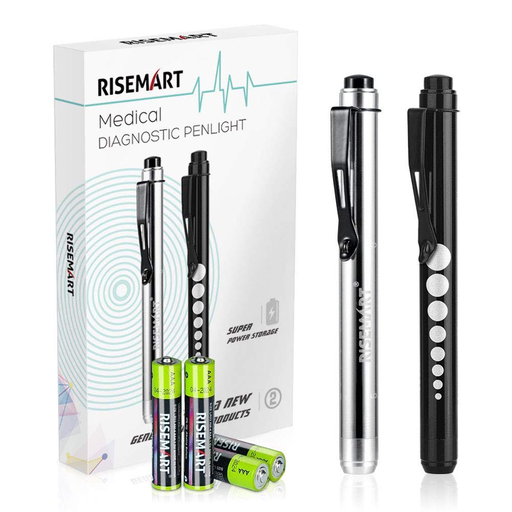 RISEMART 2PCS Diagnostic Penlight Pen Torch Light Reusable LED Penlight with Pupil Gauge for Nurses Doctors with Pocket Clip Included 4 * AAA Batteries (Black and Silver)