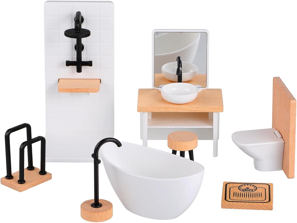 ERINGOGO Dollhouse Bathroom Set Bathroom Furniture Accessories 1:12 Scale Mini Basin Toilet Bathtub Stool Shower Photo Booth Props Decorartion