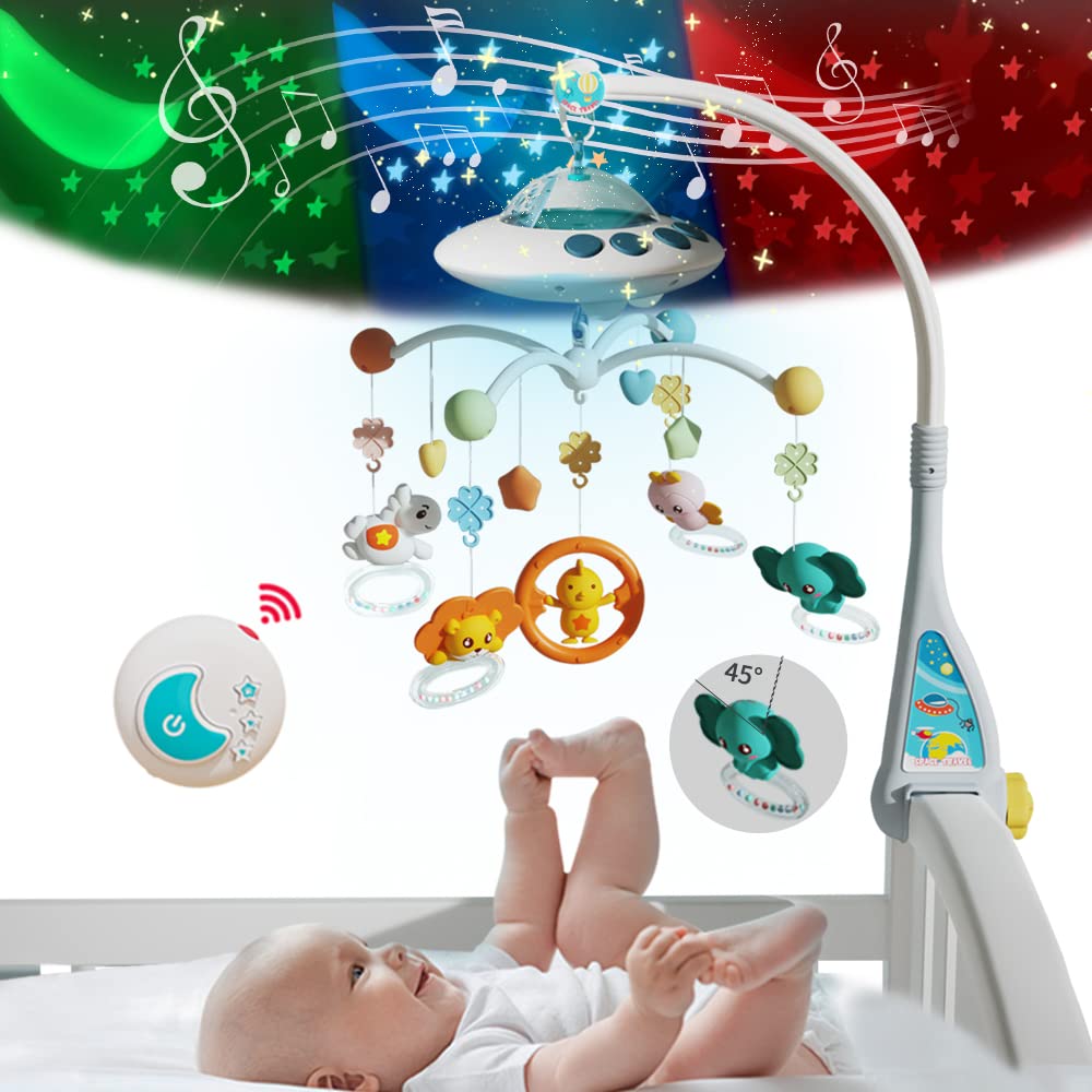 Baby Musical Crib Mobile with Night Lights and Relaxing Music,Hanging Rotating Animals Rattles,Stars Projection,Remote Control,for Boy Girl Newborn Baby Toys(Blue)