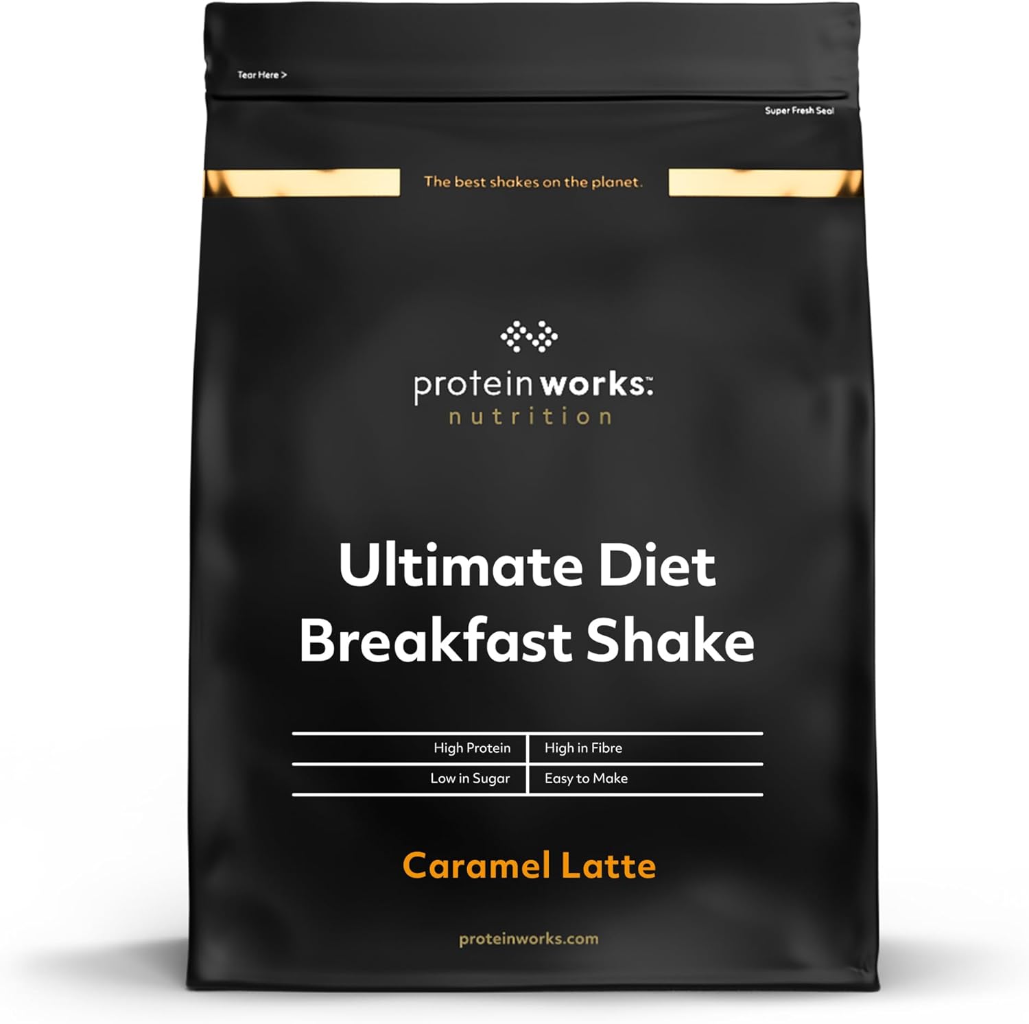 Protein Works - Ultimate Diet Breakfast Shake, On-the-Go Healthy Weight Loss Meal Replacement, Added Caffeine, Low Calorie, Low Sugar, Caramel Latte, 9 Servings, 500g