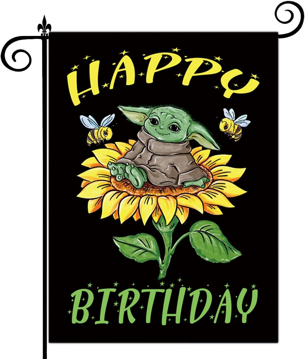 WLWLG Baby Yoda Happy Birthday Garden Flag for Birthday Party Indoor & Outdoor Decoration Double-Sided Vertical Burlap Garden Flag Birthday Gift for Kids Birthday Party Favors Flag 12'' x 17''