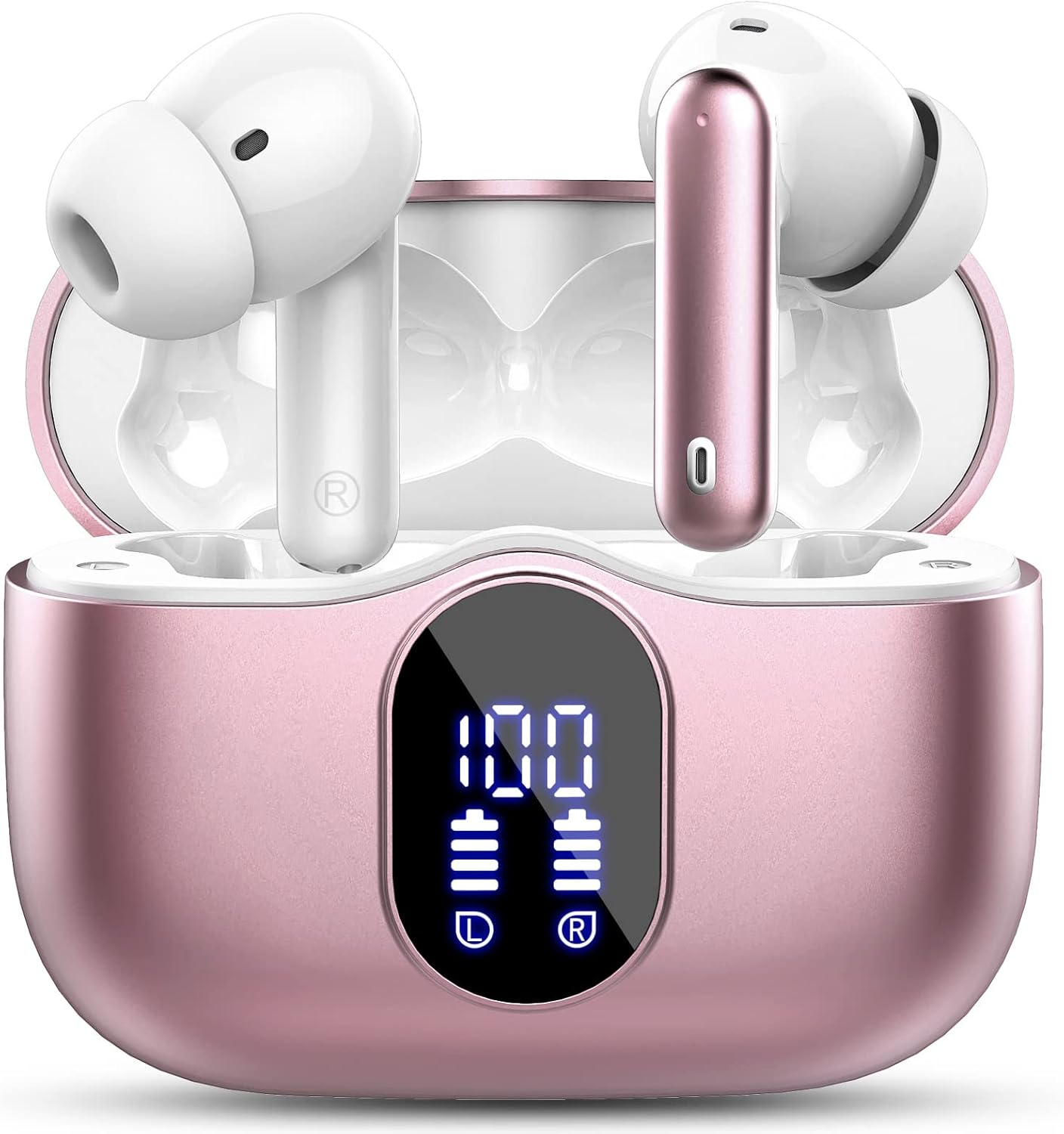 Wireless Earbuds,Bluetooth 5.3 Headphones In Ear with 4 ENC Noise Cancelling Mic,LED Display 2025 Bluetooth Earbuds Mini Deep Bass Stereo Sound,36H Playtime,Wireless Earphones IP7 Waterproof,Rose Gold