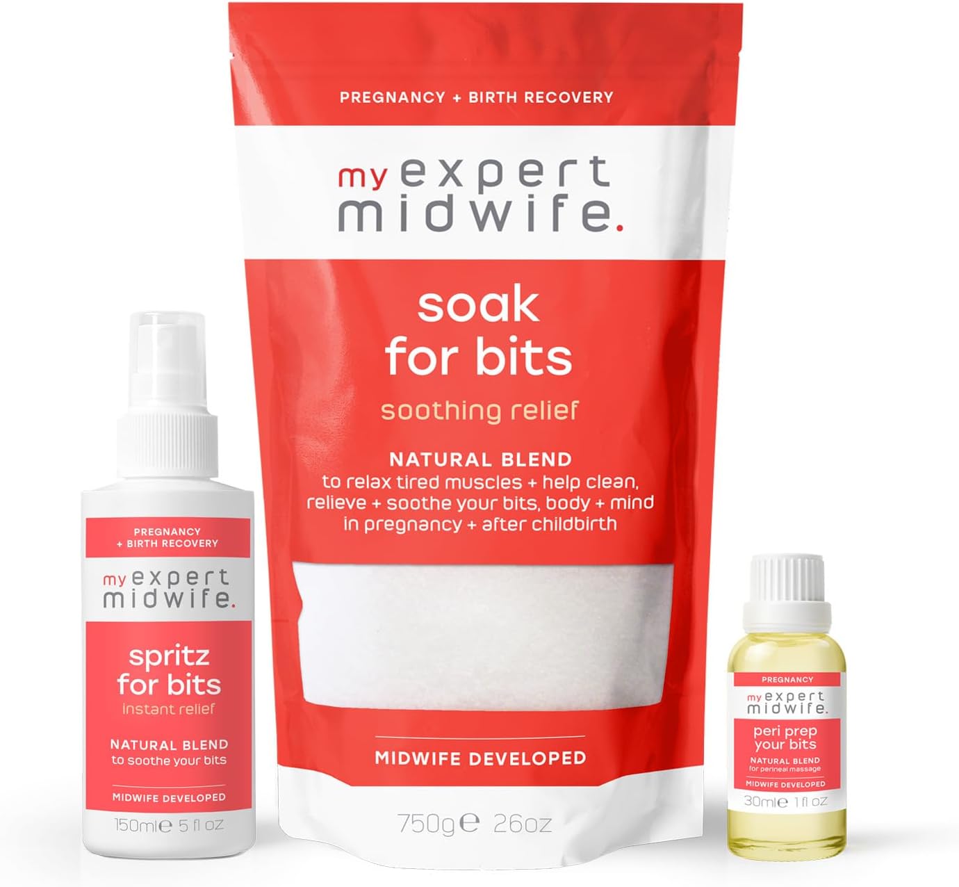 My Expert Midwife Look After Your Bits Birth Recovery Essentials with Spritz for Bits Postnatal Relief Spray, Peri Prep Perineal Massage Oil and Soak for Bits Premium Bath Salts