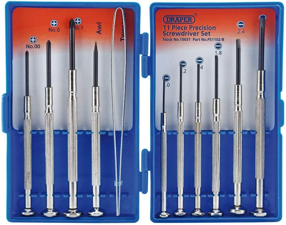 Draper 11 Piece Precision Screwdriver Set | Carbon Steel | DIY and Professional Kit | Plain Slot | Cross Slot | Swivel Tops | Tweezers | Plastic Case | 15631
