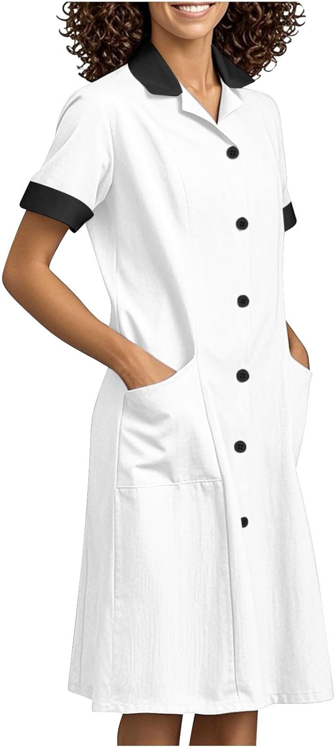 2025 Housekeeping Maid Uniform Dress Womens Button Down Scrub Dresses Workwear Pocket Short Sleeve Loose Dresses