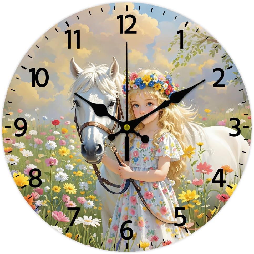 CHGCRAFT Girl Leading Horse Pattern Wall Clock 12 Inch Non-Ticking Flowers Pattern Clocks Round Wall Hanging Clock Battery Operated for Bedroom Living Room Kitchen Office