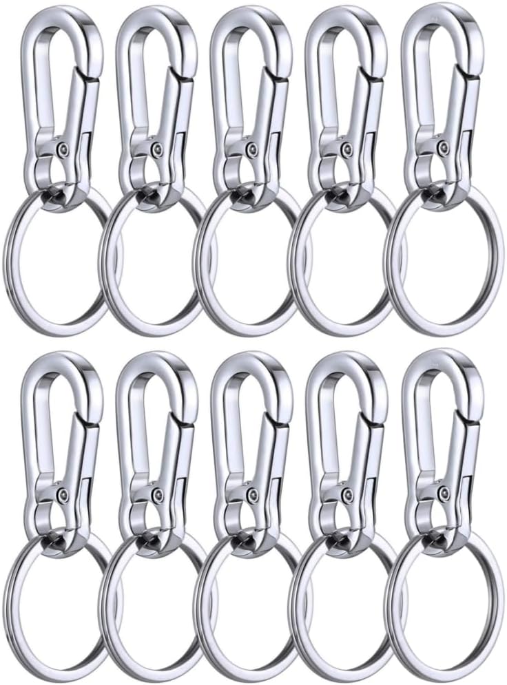 KINGFOREST 10-Pack Heavy Duty Carabiner Keychains - Quick Release Metal Key Clips with Split Rings for Keys, Bags, Dog Tags & Outdoor Gear (Silver)