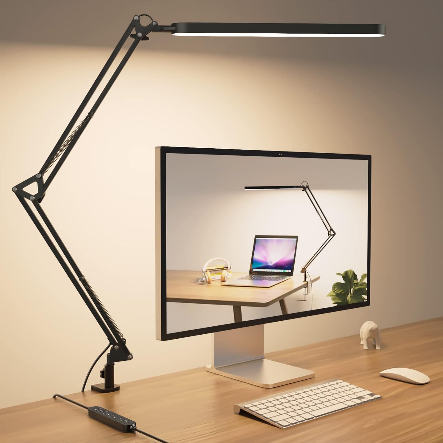 SKYLEO Desk Lamp - 80cm Desk Light - 5 Color Modes X 11 Brightness Levels - Adjustable Swing Arm - Timmer & Memory Function - 12W Study Lamp - Black