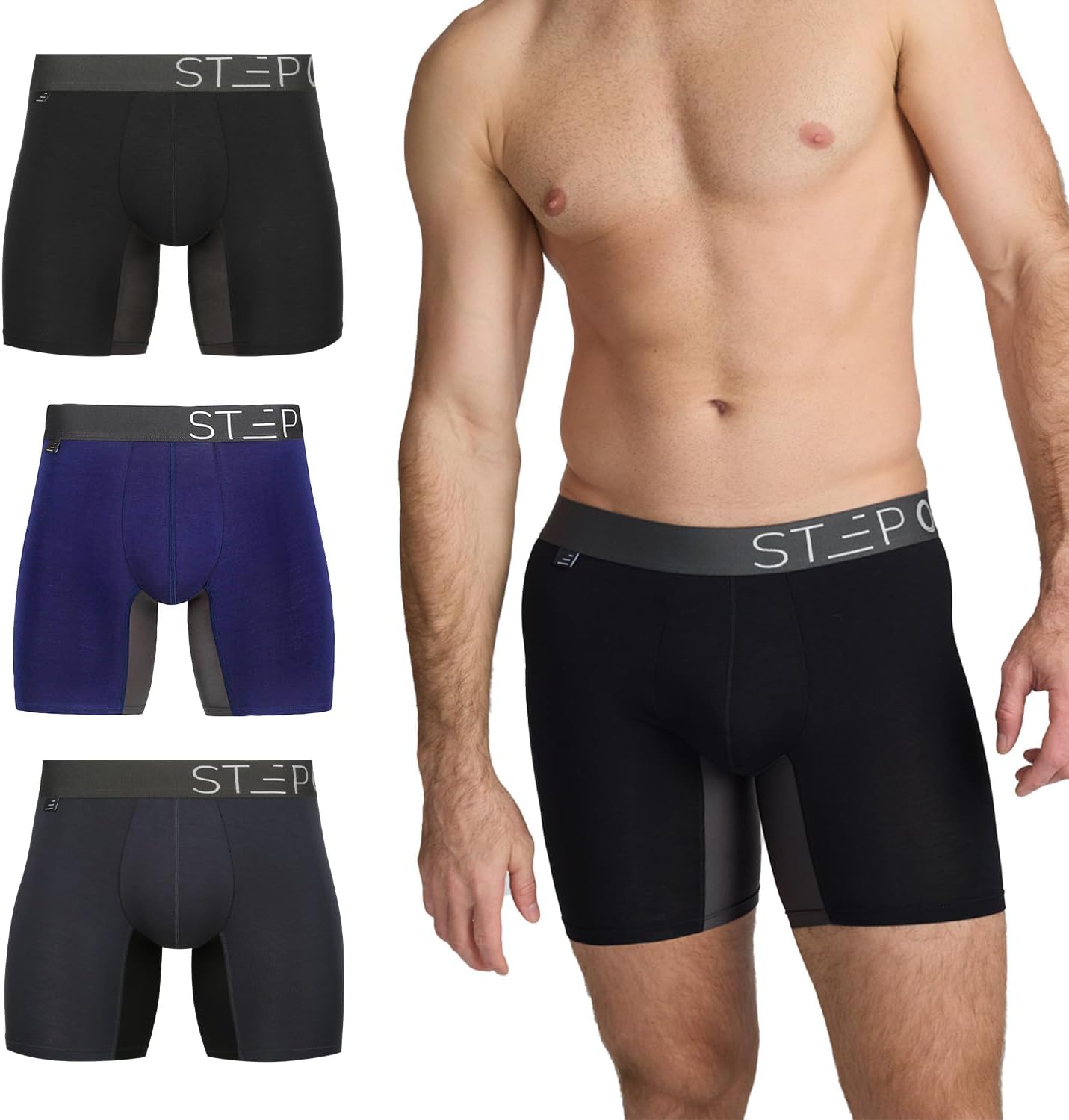 STEP ONE Mens Boxers Shorts Multipack, 3 Pairs, Anti Chafing Underwear for Men, Moisture-Wicking Boxer Shorts with 3D Pouch. Fabric Made from Organic Bamboo