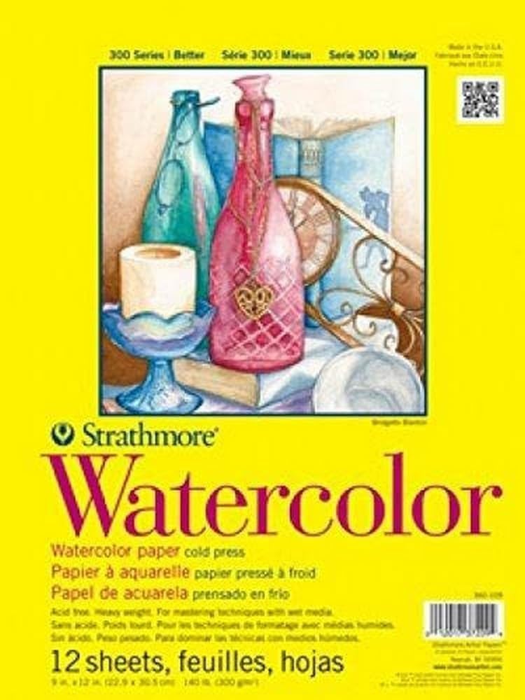 Strathmore 300 Series Watercolor Paper Pad, Tape Bound, 9x12 inches, 12 Sheets (140lb/300g) - Artist Paper for Adults and Students - Watercolors, Mixed Media, Markers and Art Journaling