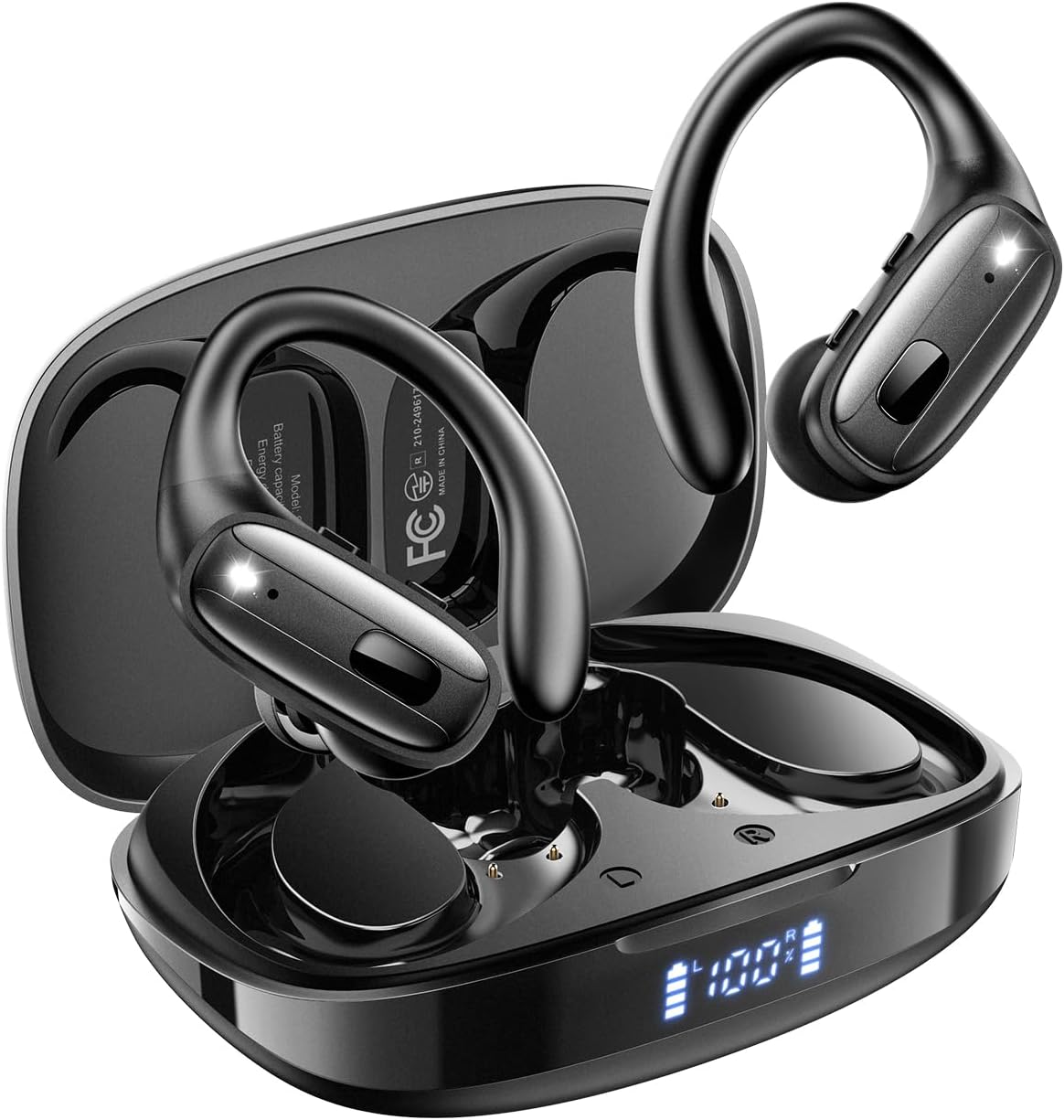 Wireless Earbuds, Sports Bluetooth Headphones, Ear Buds with ENC Noise Canceling Mic, 50Hr Playtime Earphones, Palm-Sized, LED Power Display, IPX7 Waterproof Headset for Workout Running, Black