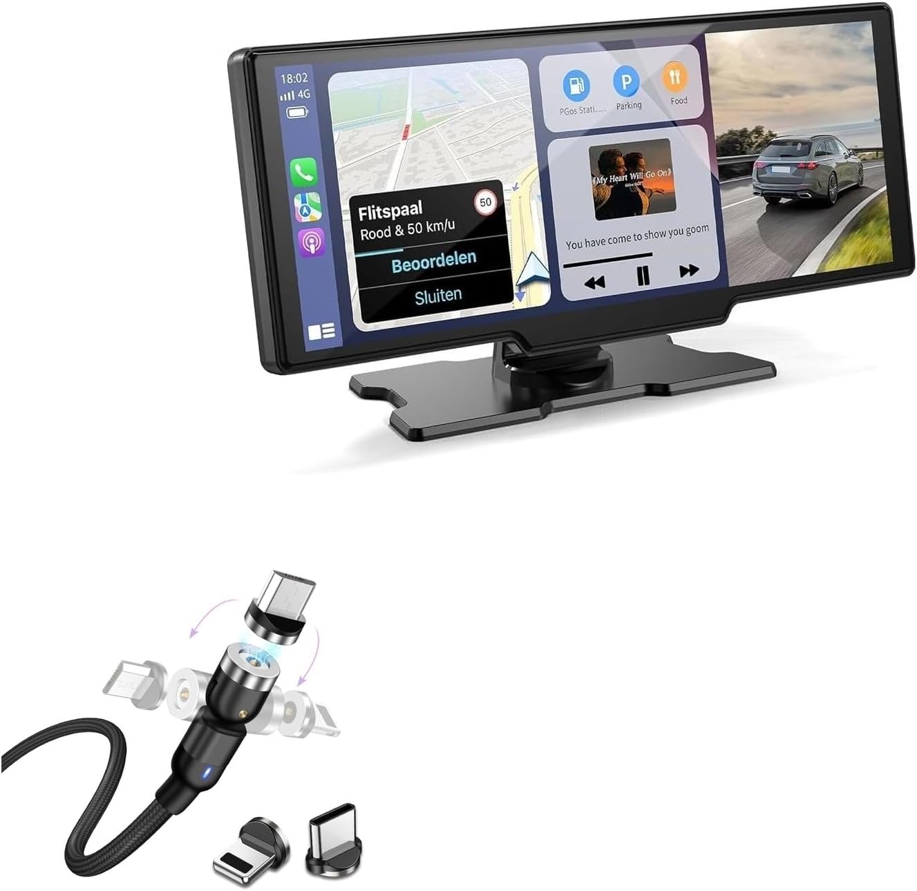 BoxWave Cable Compatible with Kuayvan Wireless Portable Carplay Screen for Car (10.26 in) - MagnetoSnap AllCharge Cable, Magnet Charging Cable USB Type-C Micro USB - Jet Black