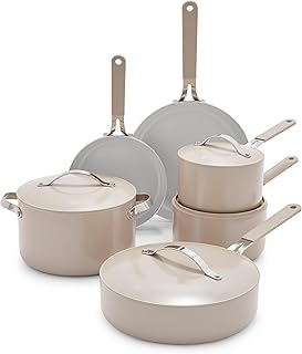 GreenLife Dream 10-Piece Ceramic Nonstick Cookware Set, Pots Frying & Sauce Pans, PFAS-Free & PFOA-Free, Dishwasher & Oven Safe, Stay-Cool Handles, Durable Aluminum Body, Versatile Cooking, Taupe