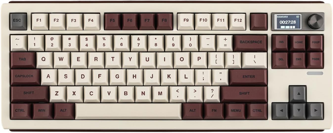 EPOMAKER Shadow-S VIA Wireless Gaming Keyboard, Gasket Mechanical Keyboard, with 1.14 inch Programmable Smart Screen, Bluetooth/2.4Ghz/USB-C Wired Creamy Keyboard (White Brown, Flamingo Switch)
