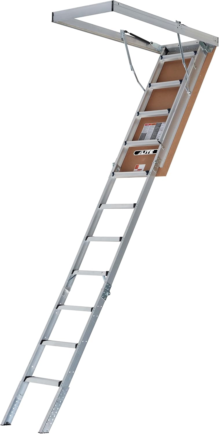 LITE 10-Foot Aluminium Attic Ladder 54" W x 25.5" H (Rough Opening), 375-Pound Load Capacity, Type IAA, AP2540MG
