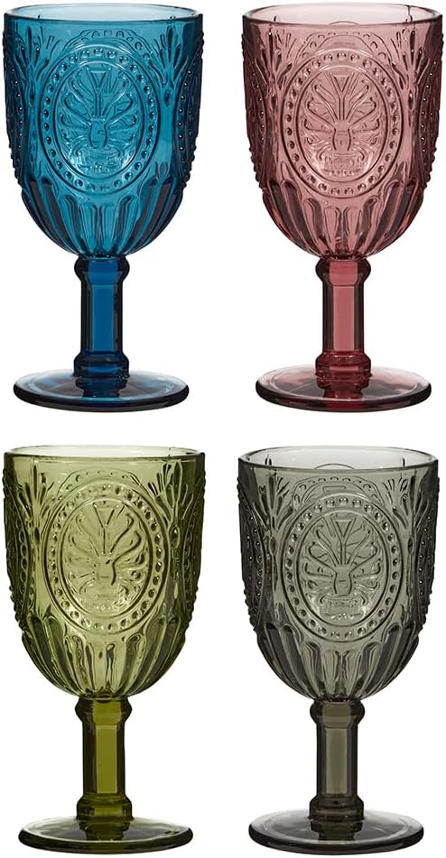 Wine Glasses Set of 4 Embossed Vintage Style Wine Goblet Glassware Set Dishwasher Safe Wine Glass Set Colourful Footed Chalice Tumblers Alfresco Dining Glassware