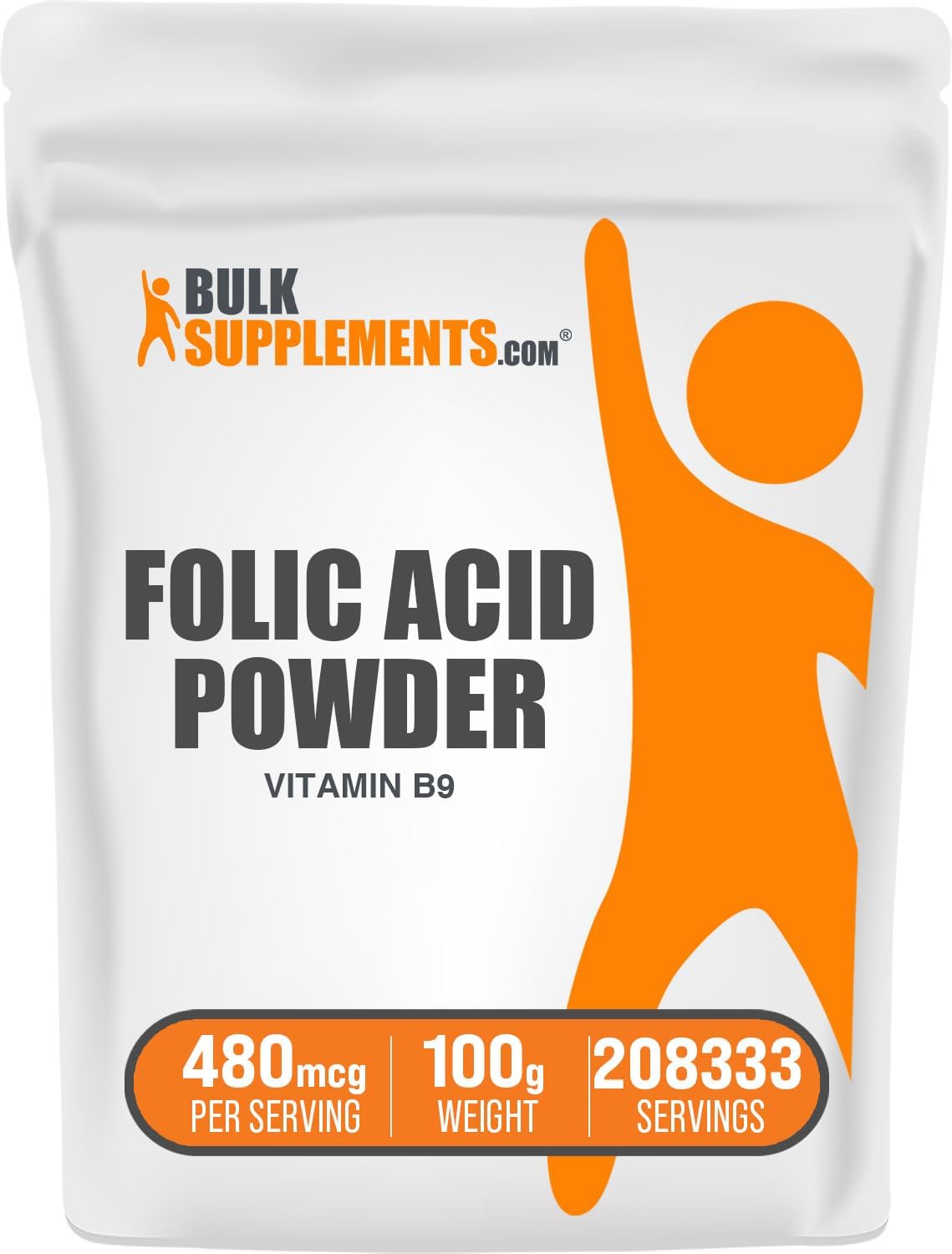 BulkSupplements.com Folic Acid Powder - Vitamin B9, Folic Acid Supplement - Folic Acid Prenatal Vitamins, Folic Acid 800 mcg - Gluten Free, 480mcg per Serving, 100g (3.5 oz) (Pack of 1)
