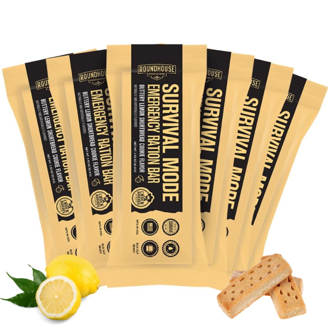 by Chuck Norris Roundhouse Provisions Survival Mode Emergency Ration Bars. Bug-out bag, Emergency, Hike, Ready To Eat Supply For Disaster, Hurricane, Flood Preparedness, Lemon shortbread, whole grain sorghum, 14 vitamins and minerals. 5 year shelf life, Pack of 6