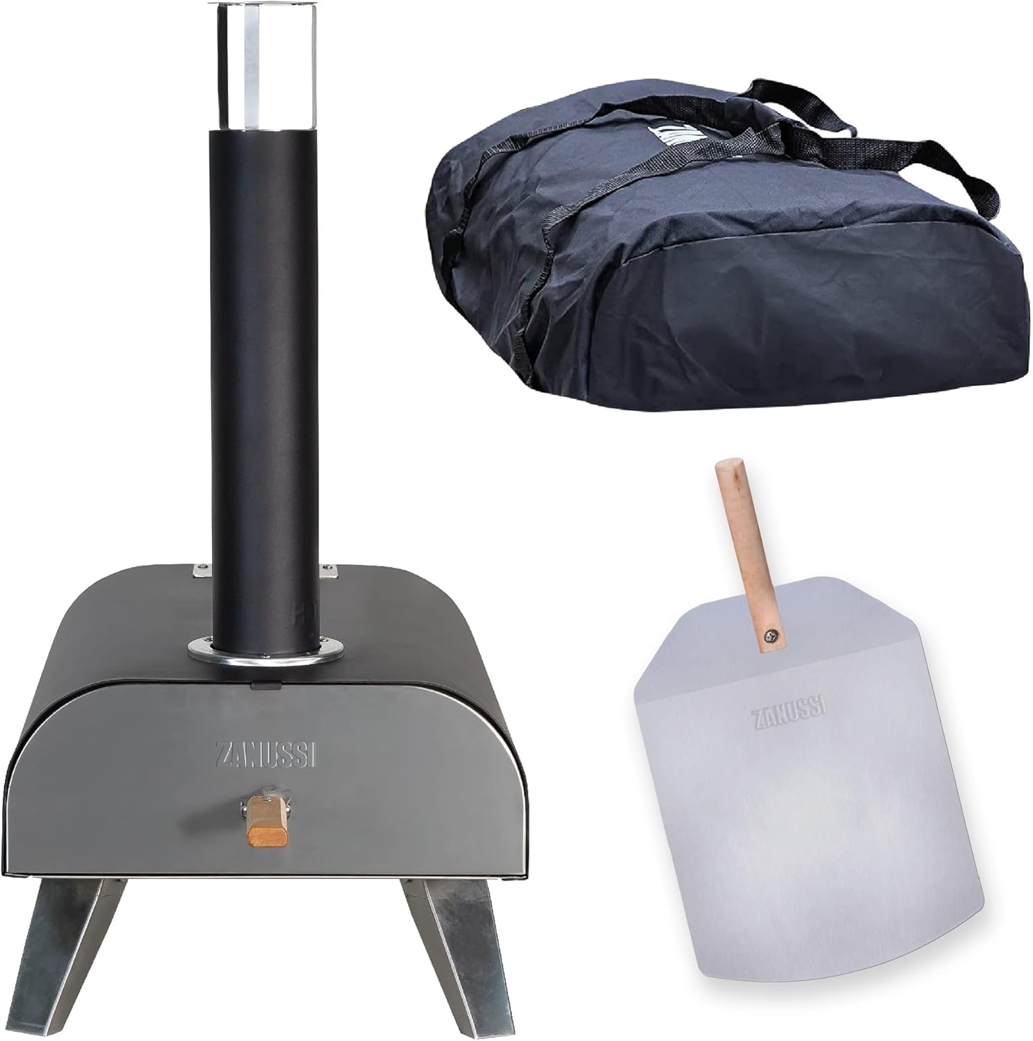 Zanussi ZPO1BPC Outdoor 12 Inch Wood Pellet Portable Wood Fired Pizza Oven with Paddle and Cover in Black, BBQ Oven & Smoker, Stainless Steel Foldable Legs
